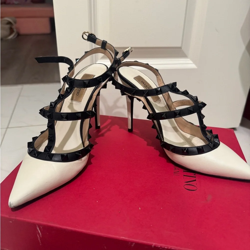 Valentino Women's Black and Cream Studded Heels - Picture 3 of 5